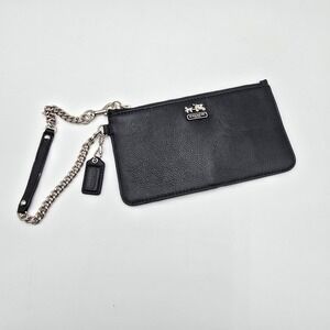 Coach Black Leather Wristlet Pouch Wallet with Chain Strap